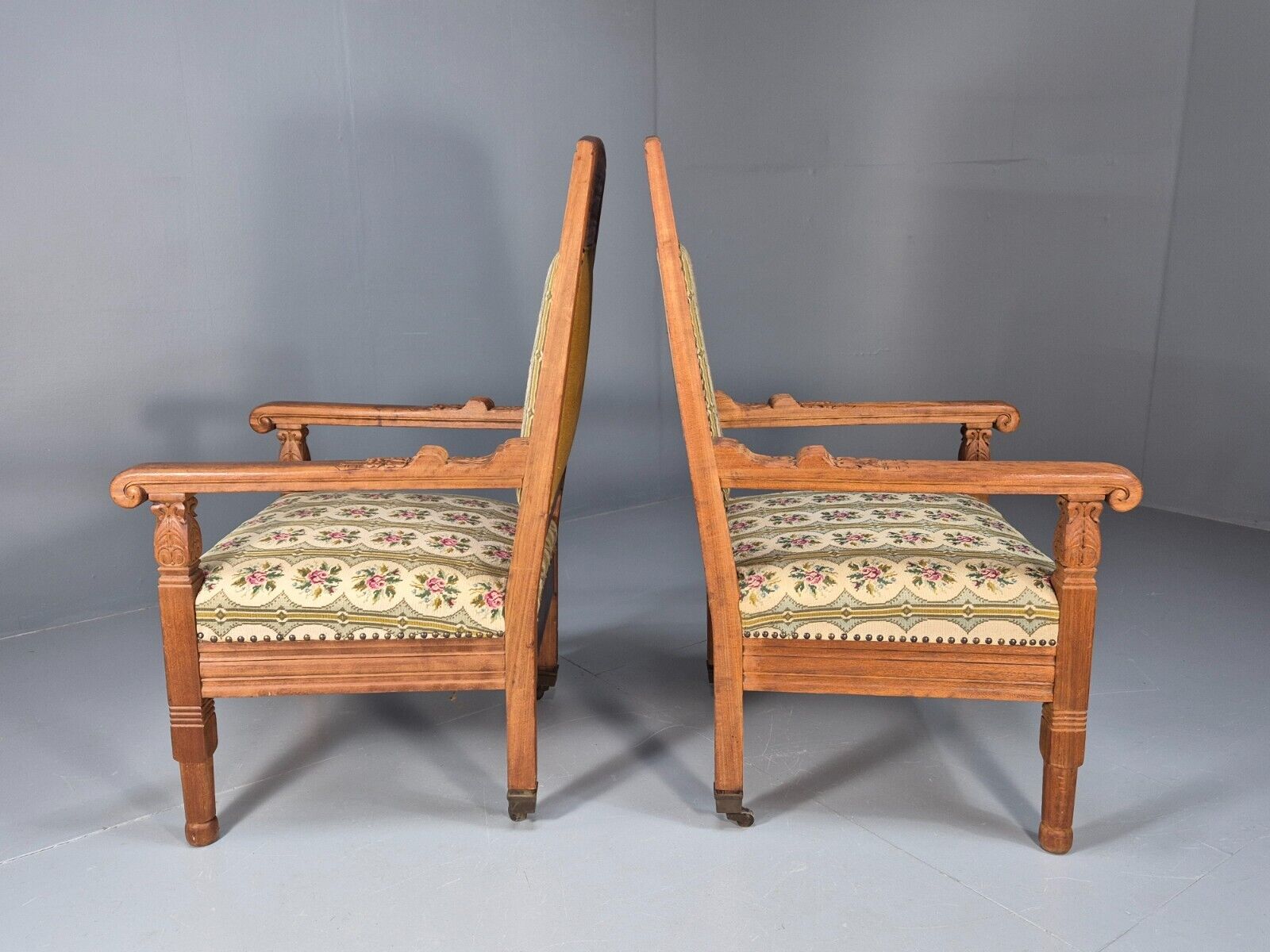 2 Vintage Danish Lounge Chairs Floral Embroidery Oak Frame Antique EB8916 VCAR - UKDK FURNITURE