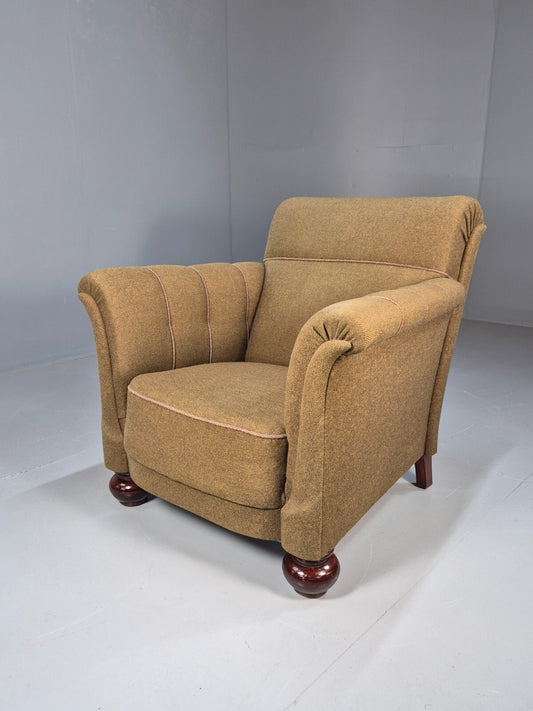 Vintage Danish Lounge Chair Green Wool Upholstery Bun Feet 1920s EB9006 VCLO - UKDK FURNITURE