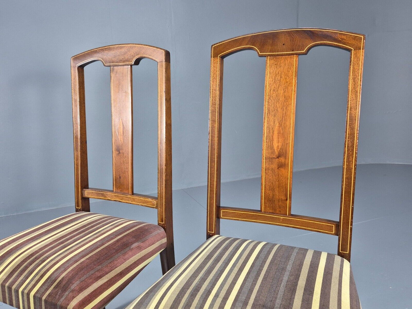 2 Vintage Dining Chairs Stripe Upholstery Boxwood Inlay 1920s EB8852 VDIN - UKDK FURNITURE