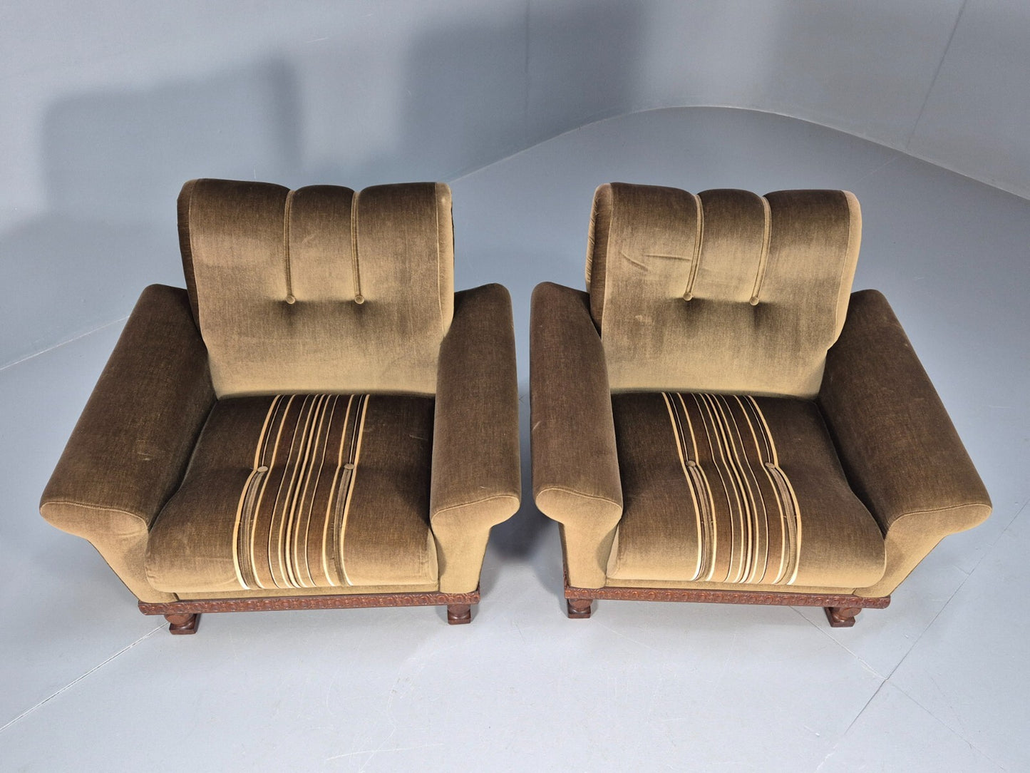 2 Vintage Danish Green Velour Armchairs Oak trim 1970 Quality Retro EB9027 VCLO - UKDK FURNITURE