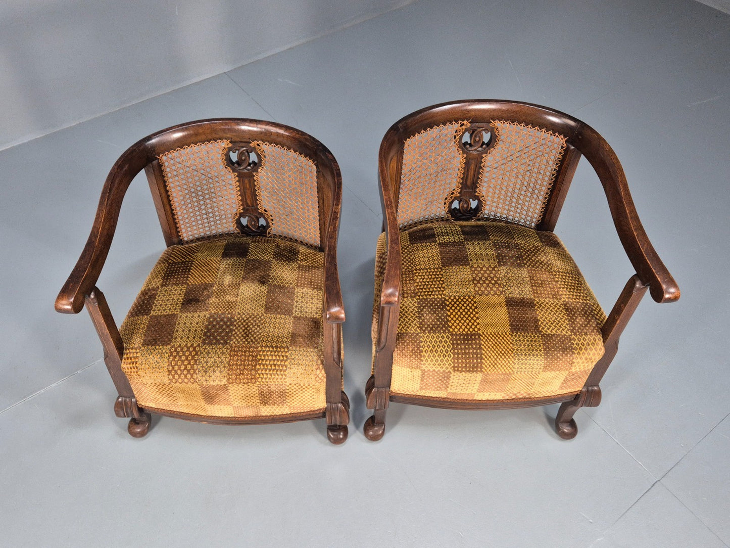 Pair Art Deco Tub Chairs Bergere Back Oak Frame Brown Velour 1930s EB10696 VCAR3