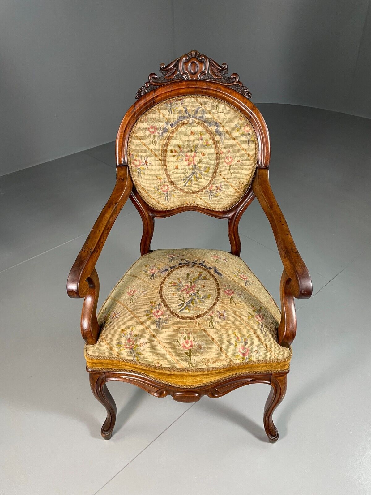 Vintage Danish Fauteuil Chair Mahogany Floral Tapestry Antique EB6453 VCLO - UKDK FURNITURE