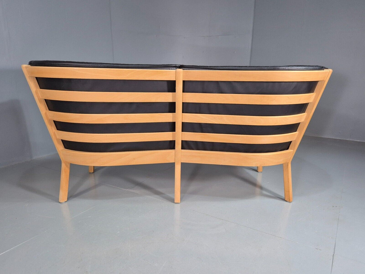 Vintage Danish 2 Seat Sofa Black Leather Beech Stouby Retro MCM EB7447 M2SS - UKDK FURNITURE