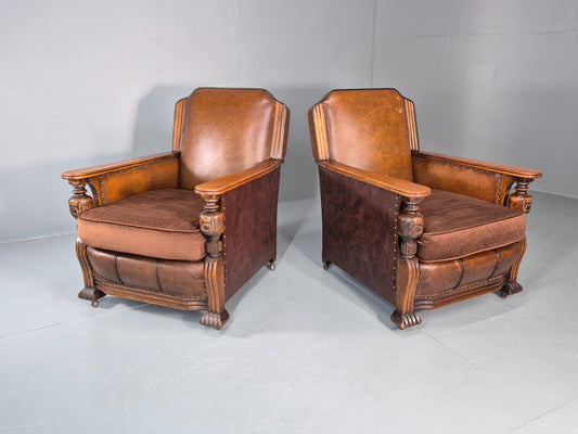 2 Edwardian Lounge Chairs Baroque Oak Frame Rexine and Velour EB11264 VLEA1