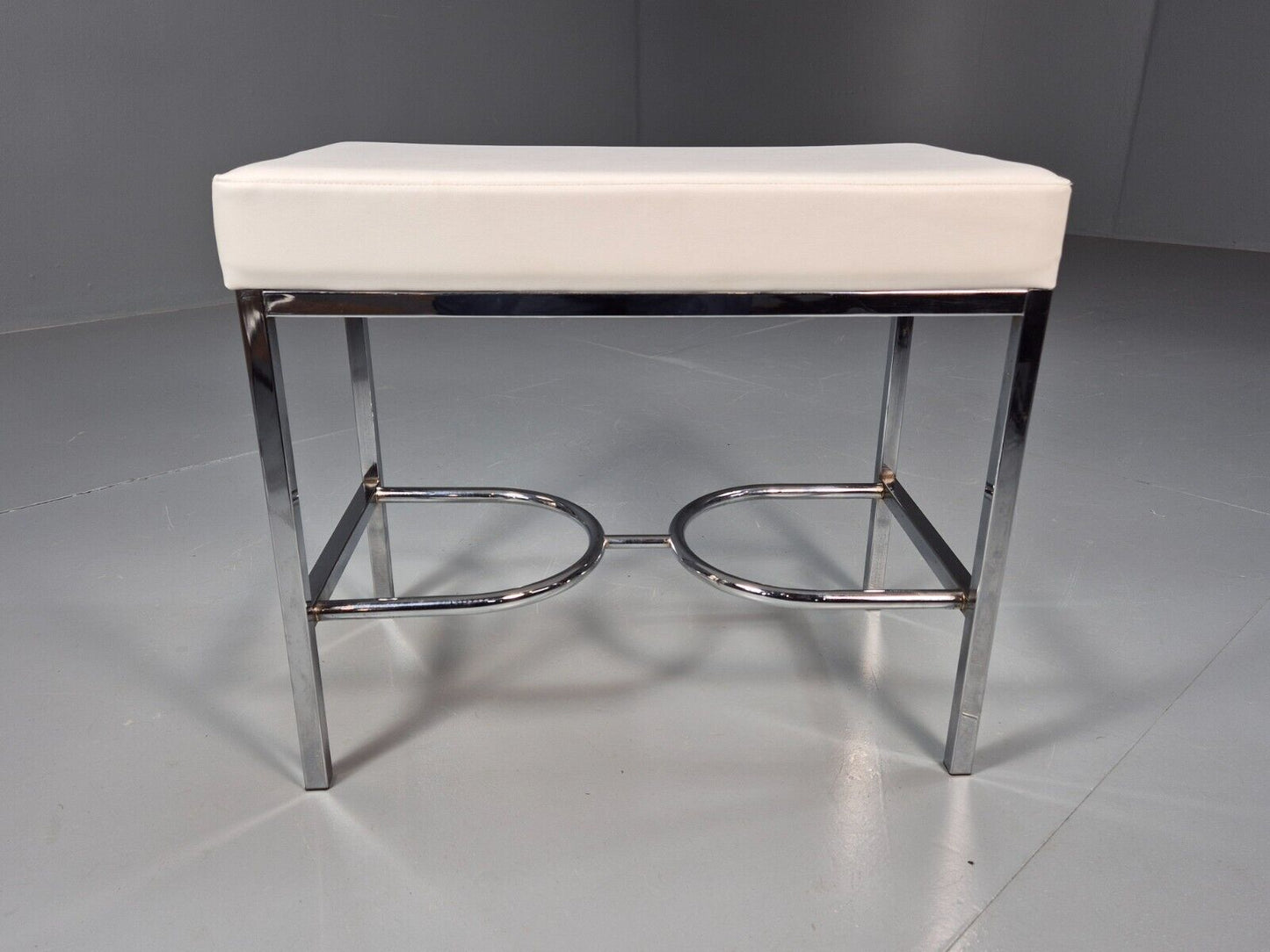 VintagePiano or Dressing Table Stool White Vinyl Chrome 1980s Retro EB9162 MFOO - UKDK FURNITURE