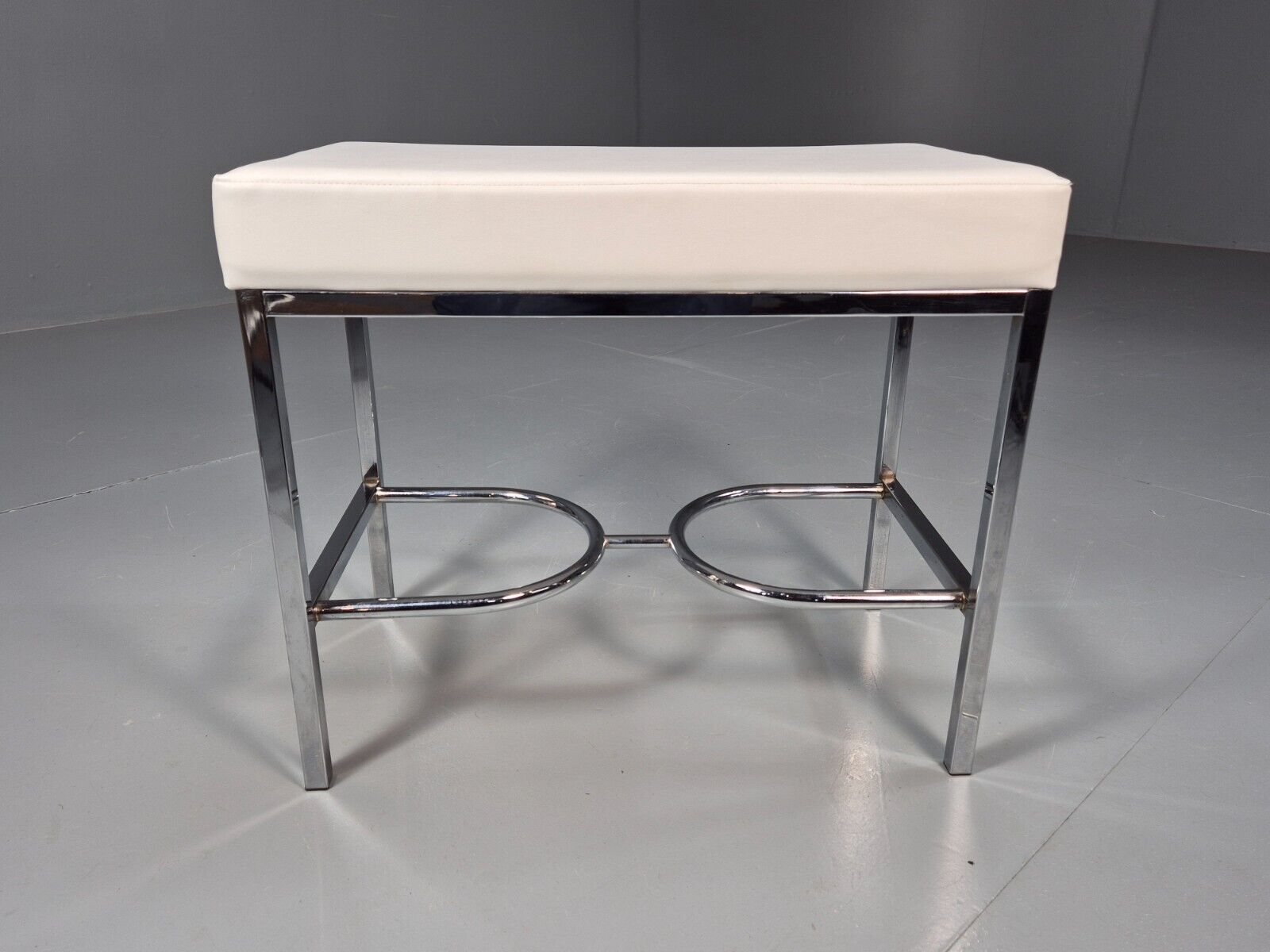 VintagePiano or Dressing Table Stool White Vinyl Chrome 1980s Retro EB9162 MFOO - UKDK FURNITURE