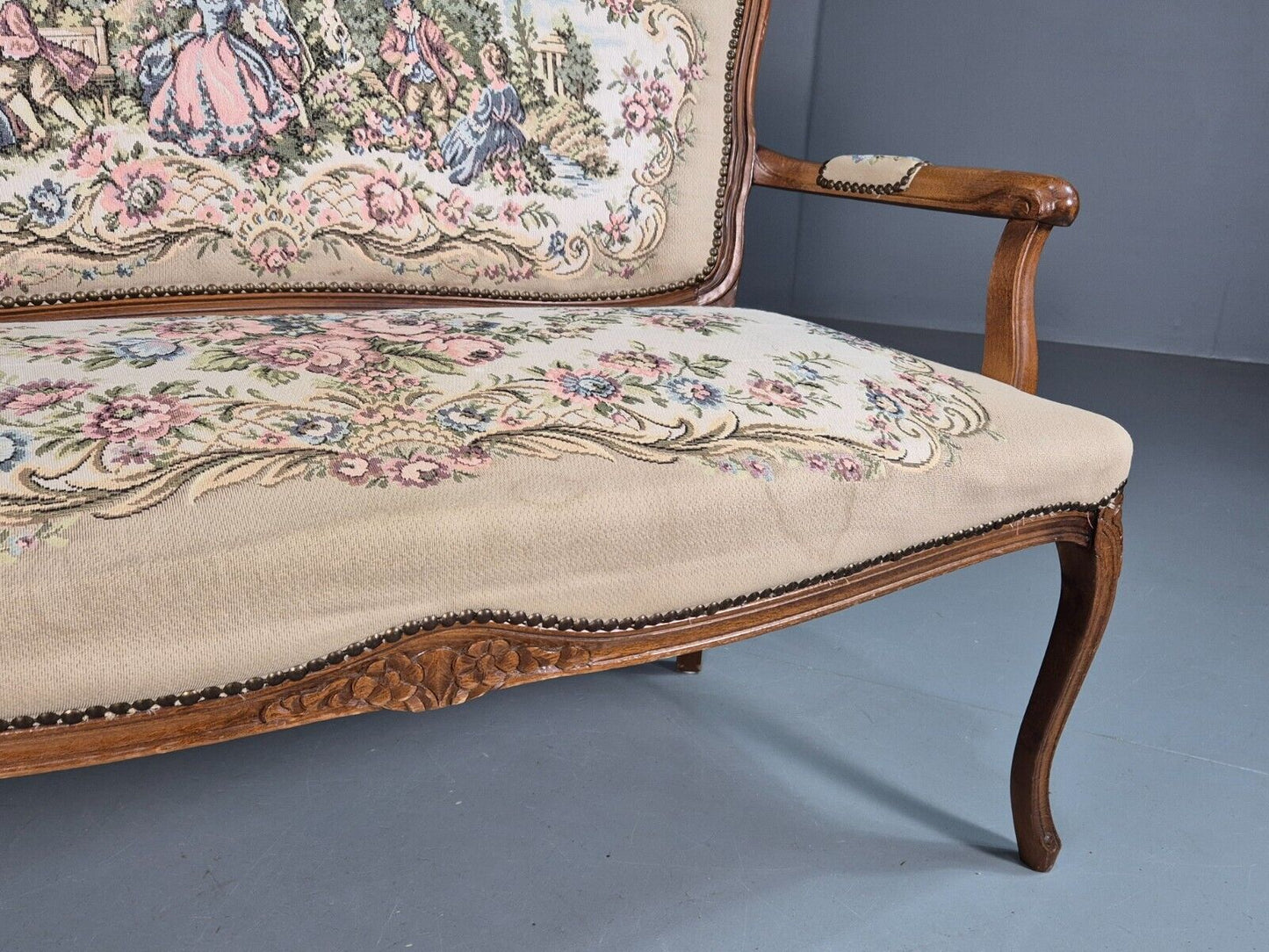 Vintage Danish 2 Seat Open Arm Sofa French Regency Style Embroidery EB8074 V2SS - UKDK FURNITURE