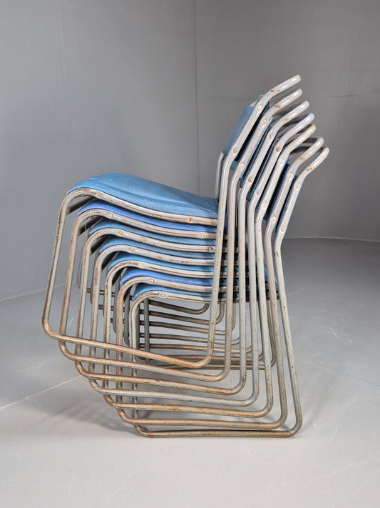 7 1950s Stacking Village Hall Chairs PEL style models in Blue Vinyl EB9470 MSTA - UKDK FURNITURE