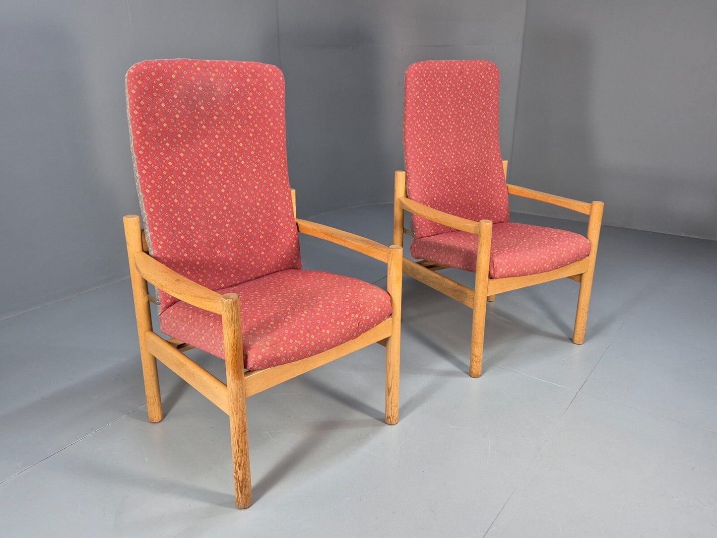 2 Vintage Danish High Back Armchairs Pink and Grey Oak Frame MCM EB9370 MNOR - UKDK FURNITURE