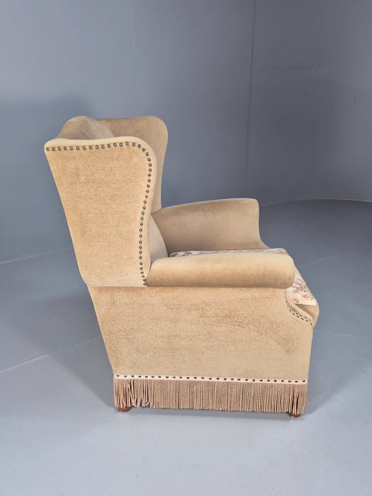 Vintage Danish Wing Back Lounge Chair 1950s Retro Tassels and Floral EB9013 VCLO - UKDK FURNITURE
