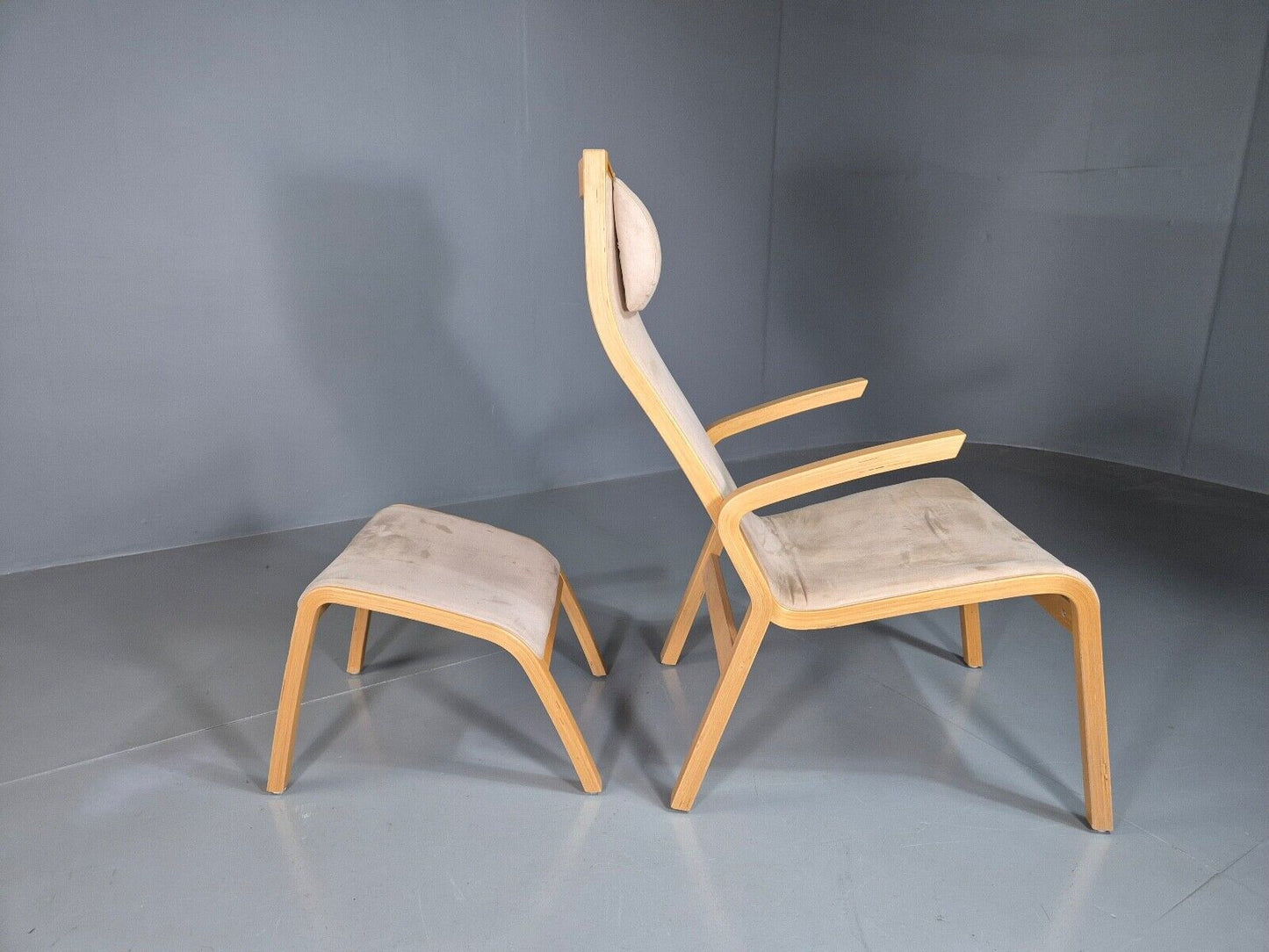 Vintage Danish Lounge Chair Footstool Faux Suede Bentwood MCM Retro EB7396 MNOR - UKDK FURNITURE