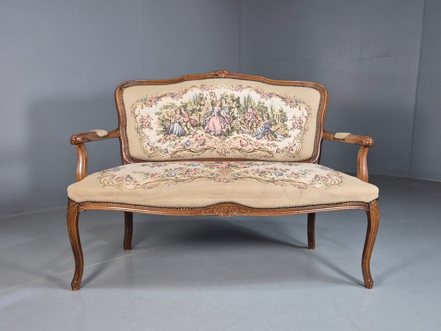 Vintage Danish 2 Seat Open Arm Sofa French Regency Style Embroidery EB8074 V2SS - UKDK FURNITURE