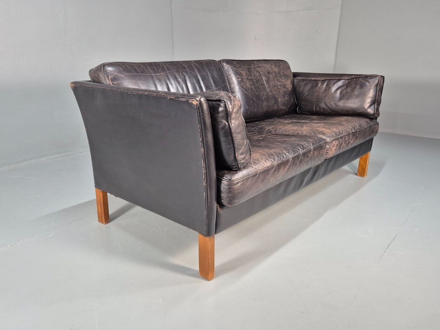 Mid Century Two Seater Sofa Black Leather Vintage Danish 1980s MCM EB10713 M2SS14