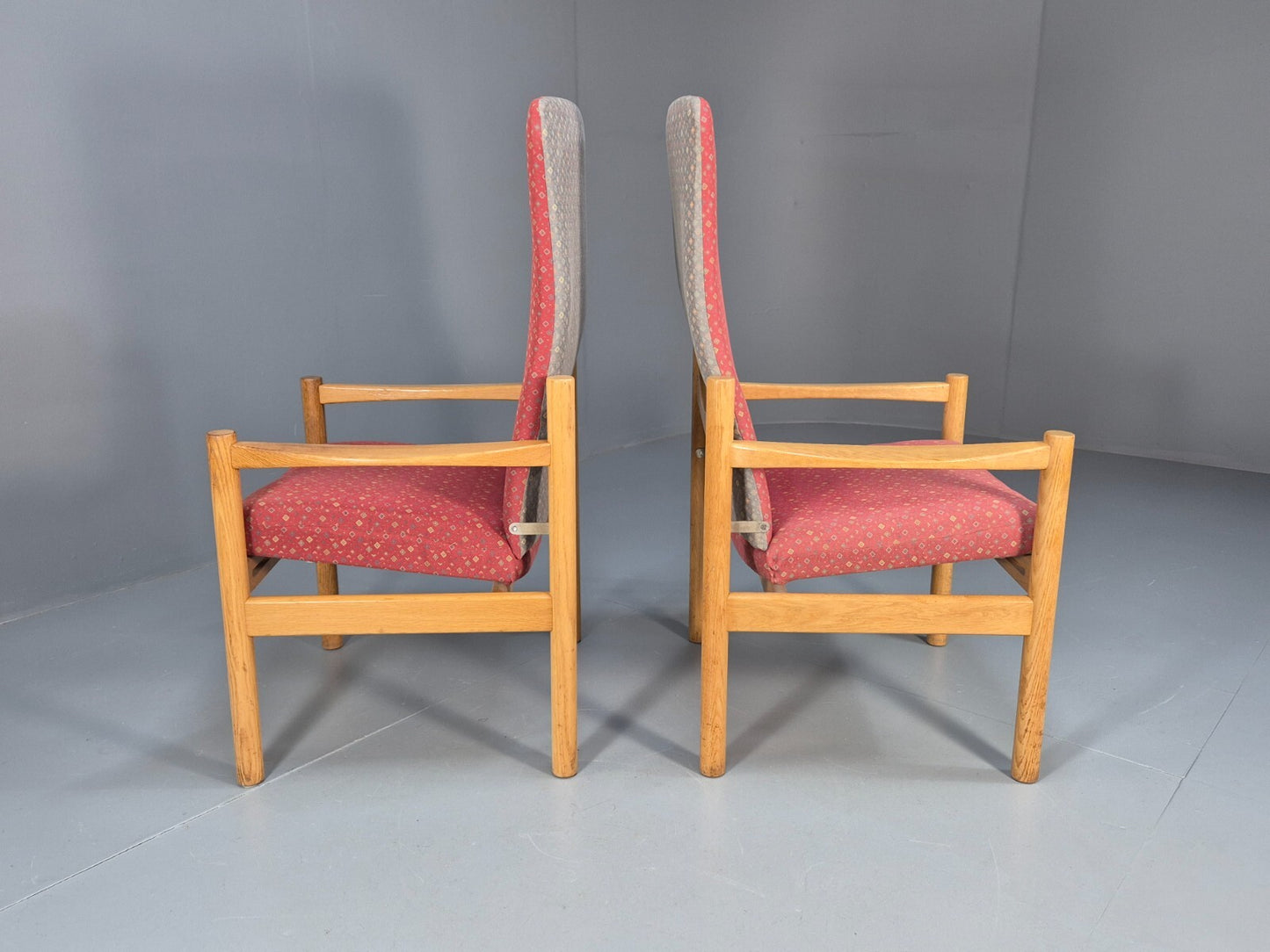 2 Vintage Danish High Back Armchairs Pink and Grey Oak Frame MCM EB9370 MNOR - UKDK FURNITURE