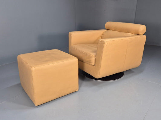 Vintage Natuzzi Saud Swivel Leather Lounge Chaur and footstool 1990s EB9398 MSWI - UKDK FURNITURE