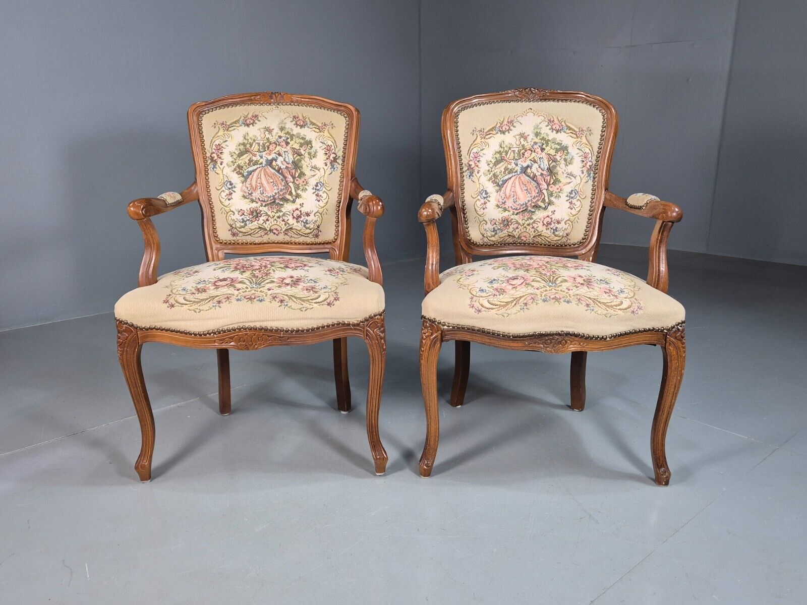 2 Vintage Danish Lounge Chairs Fauteuil Floral Tapestry French Repro EB8077 VCAR - UKDK FURNITURE