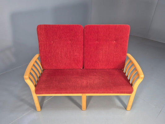 Vintage Danish 2 Seat Sofa REd Chenille Beech Stickback Retro 1980s EB8562 M2SS - UKDK FURNITURE