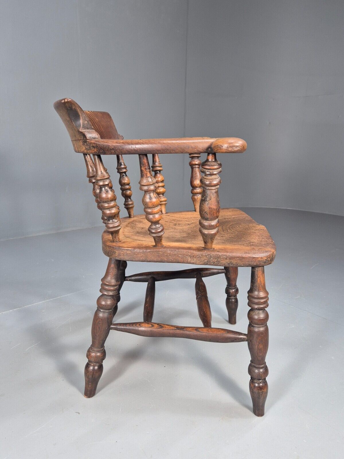 Vintage Oak Captains Chair Turned Stretchers Antique EB9030 VDIN - UKDK FURNITURE