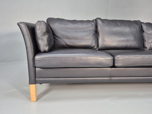 Vintage Danish 3 Seat Sofa Black Leather Straight Back Retro MCM EB8612 M3SS - UKDK FURNITURE