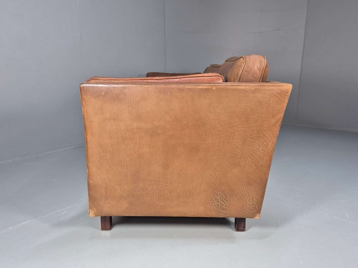 Mid Century 3 Seater Leather Sofa Danish Tan Leather  1970s Retro EB10102 M3SS21