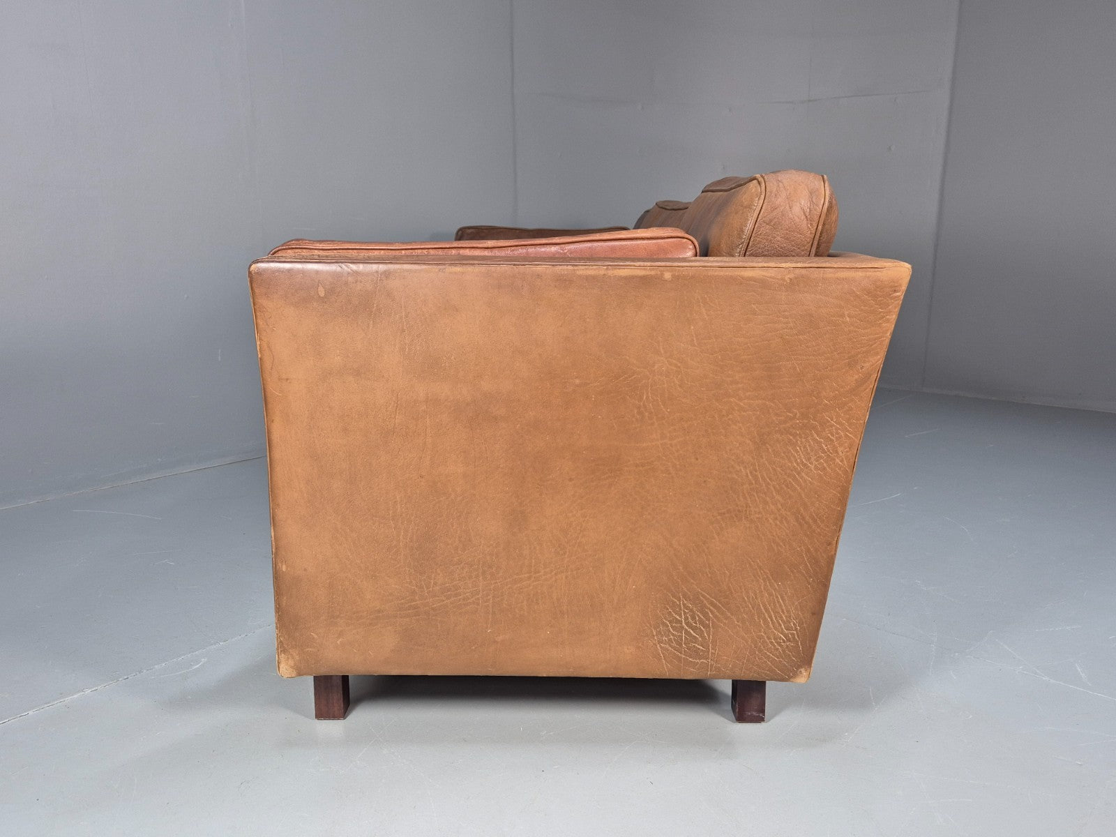 Mid Century 3 Seater Leather Sofa Danish Tan Leather  1970s Retro EB10102 M3SS21