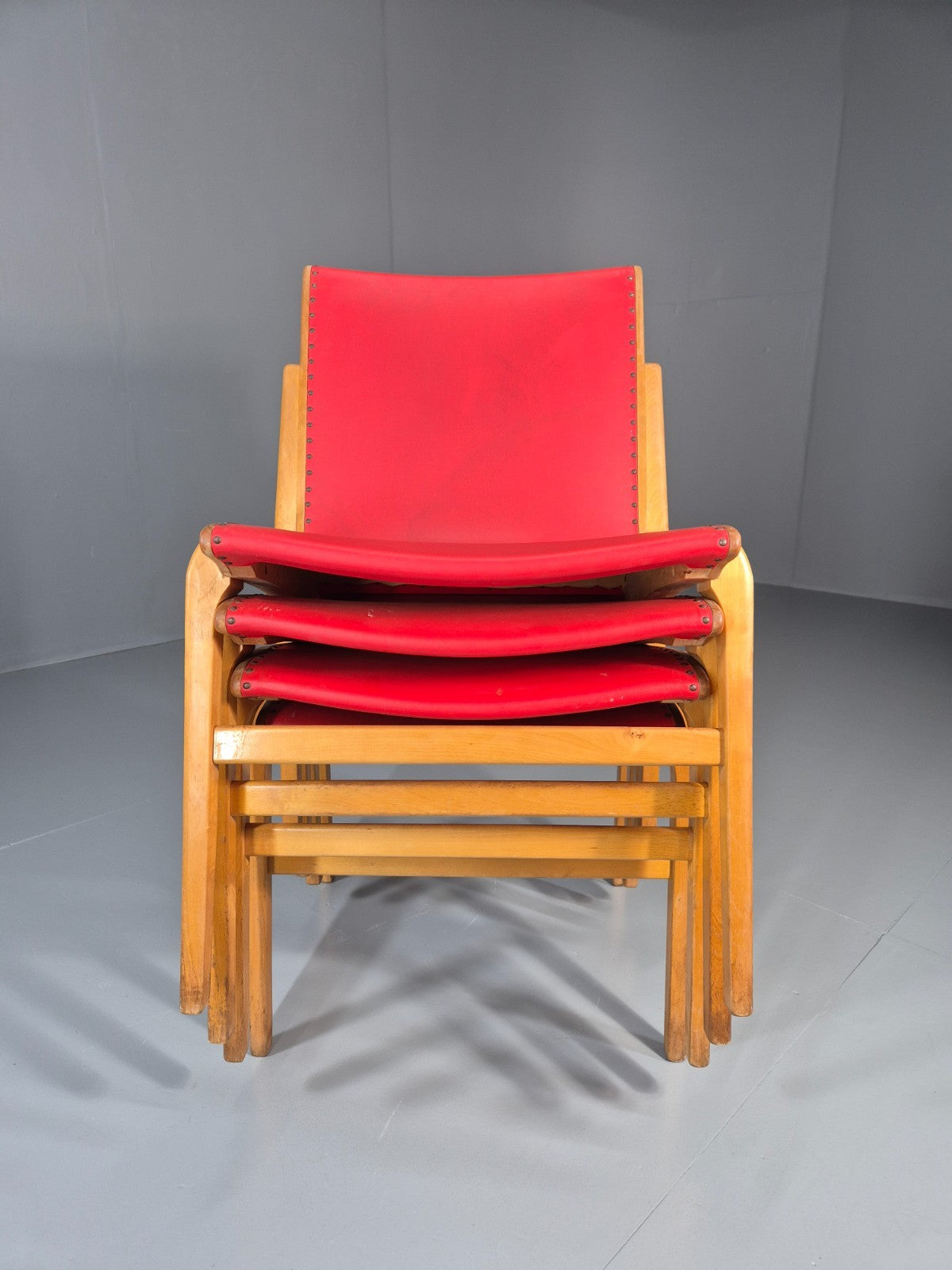 4 Stacking Lounge Chairs 1950s Swedish Red Beech Mid Century Retro EB11102 MDIN18