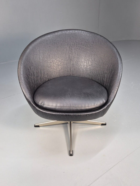 Vintage Danish Swivel Chair Black Vinyl Curved Form Retro 1960s MCM EB8790 MNOR - UKDK FURNITURE