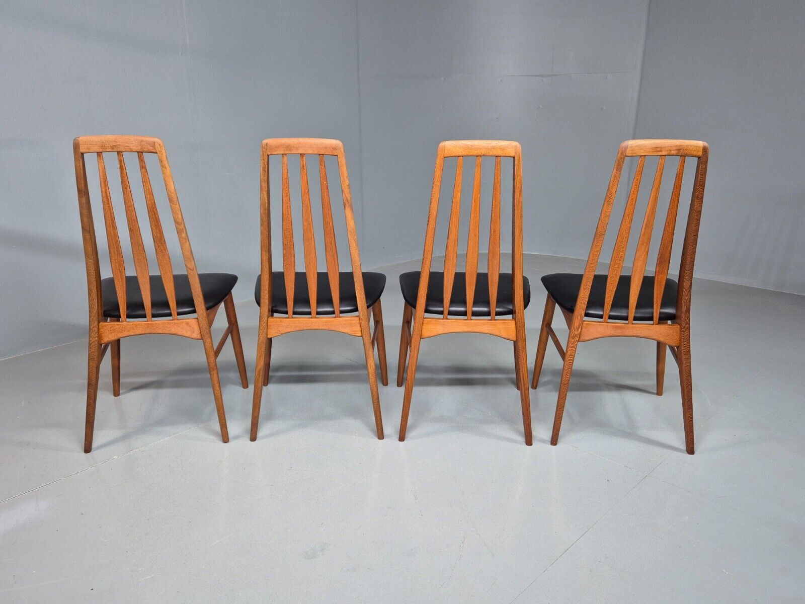 4 Vintage Danish Dining Chairs Black Vinyl Teak Koefoeds Retro MCM EB8433 MDIN - UKDK FURNITURE