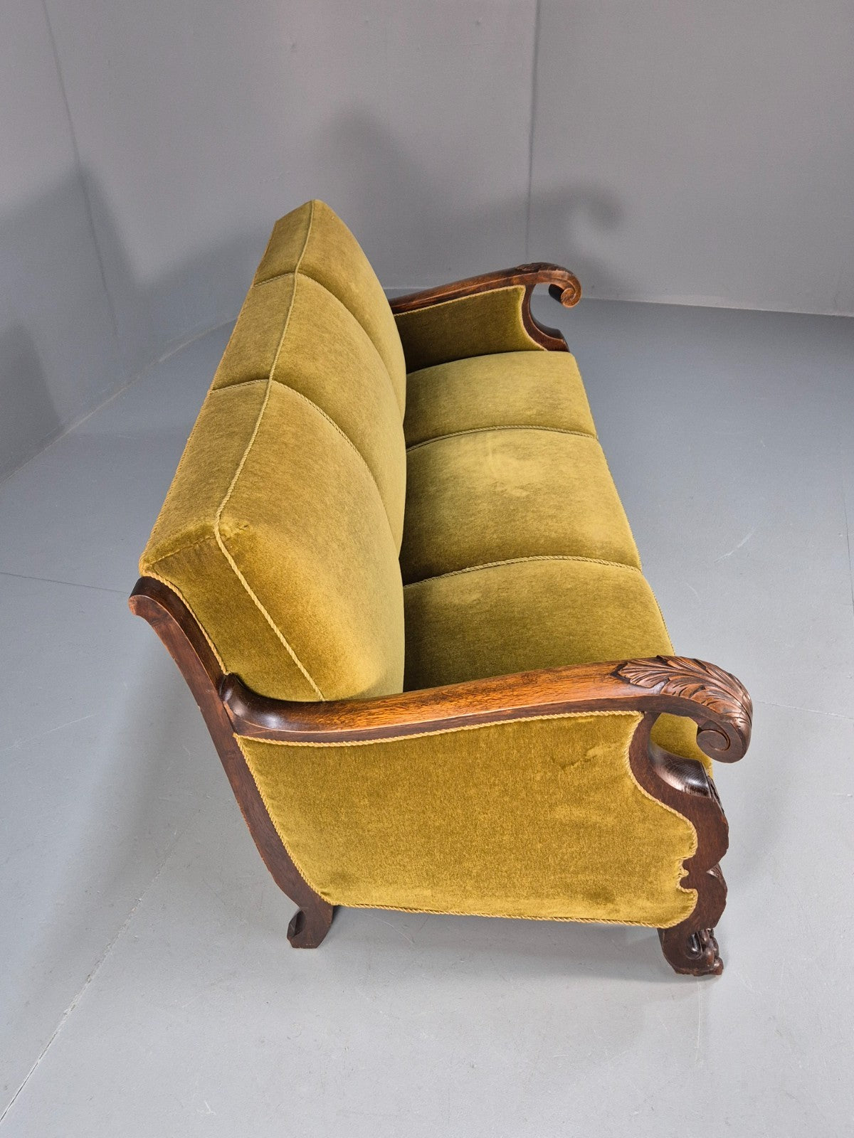 Vintage Danish Baroque Style 3 Seat Settee Green Velour Antique 1920 EB9653 V3SS - UKDK FURNITURE