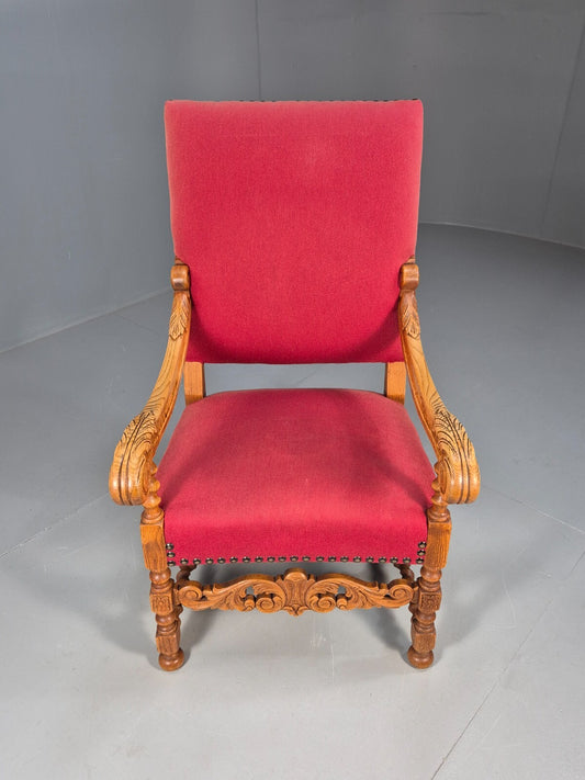 Vintage Danish Baroque Style Armchair in Red Wool and Oak 1950s EB9582 VCAR - UKDK FURNITURE