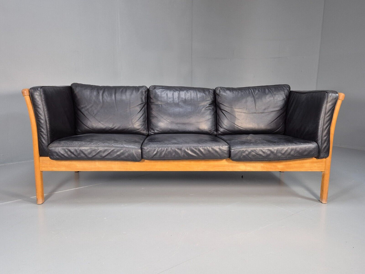Vintage 3 Seat Sofa Black Leather Beech Ends Stouby Retro 1980s MCM EB8593 M3SS - UKDK FURNITURE