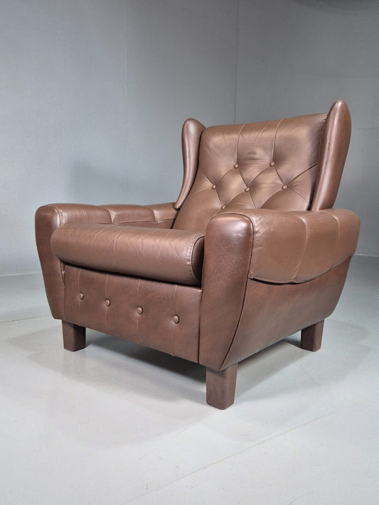 Vintage Danish Wingback Chair Brown Leather 1970s Retro MCM EB7482 MNOR - UKDK FURNITURE