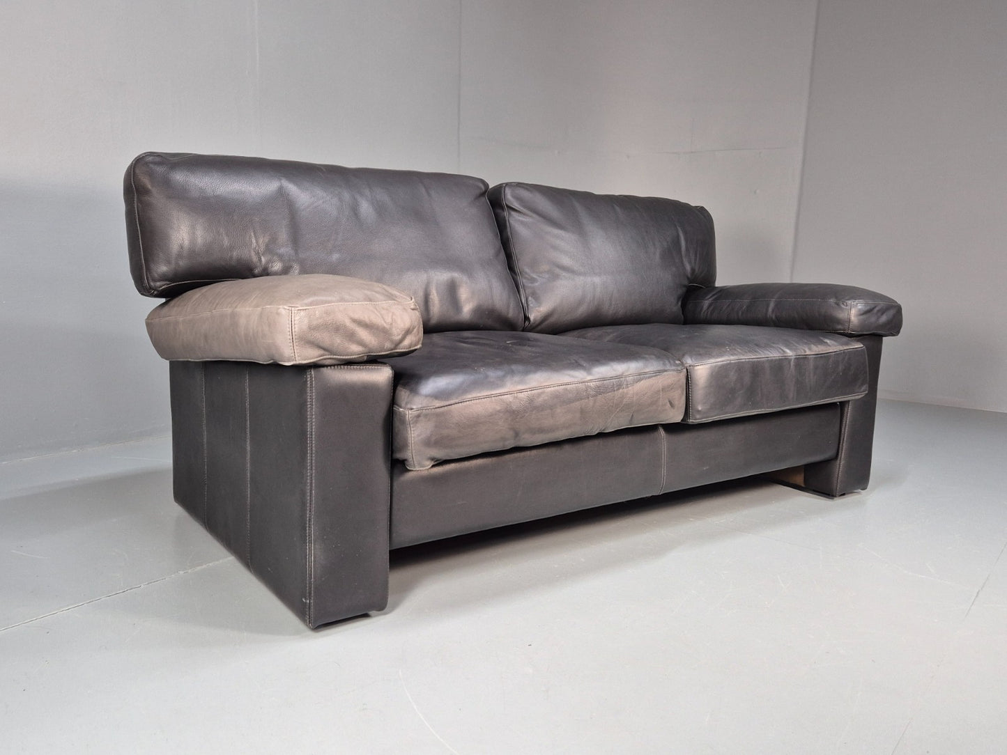 1980s Two Seater Sofa Faded Black Leather Boxy Style Retro Danish EB10714 M2SS1