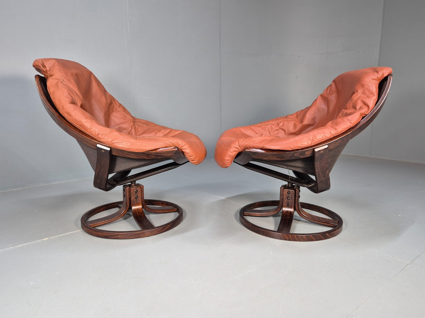 2 Vintage Danish Tan Leather Lounge Chairs Swivel Base MCM Retro EB9299 MSWI - UKDK FURNITURE