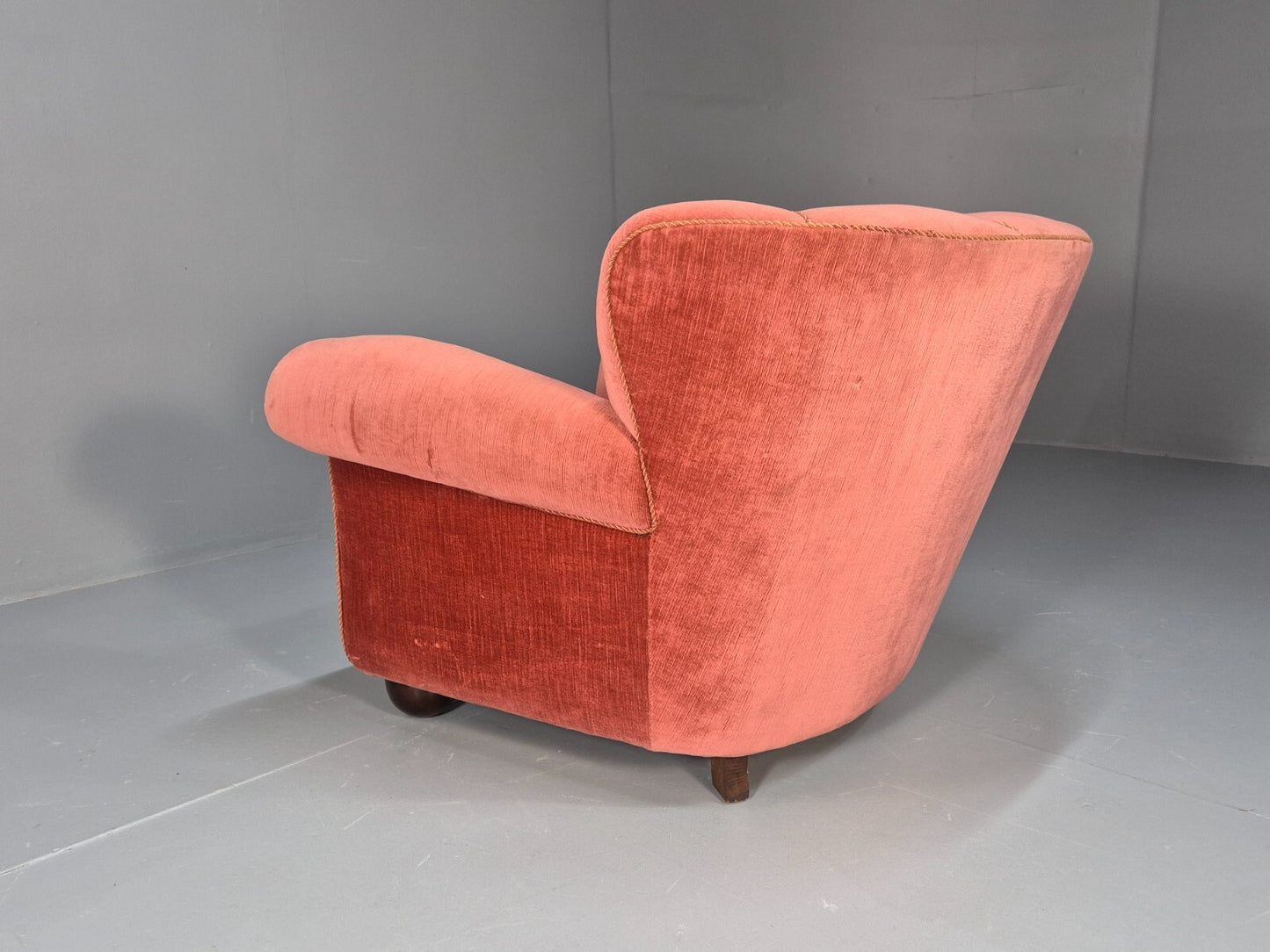 Vintage Danish Art Deco shell back Lounge Chair Pink Velour Bun Feet EB9556 MNOR - UKDK FURNITURE
