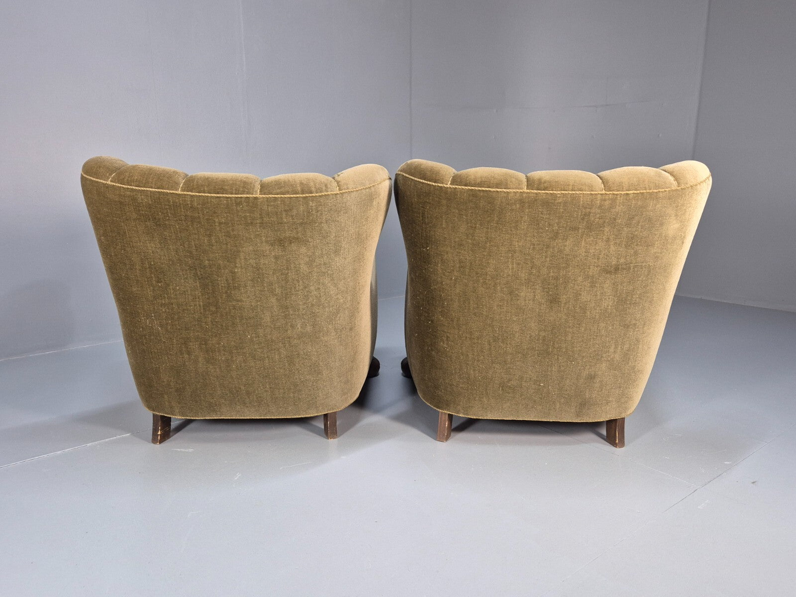 2 Antique Carved oak Danish Lounge Chairs Mink Velour Fan Back 1930s EB9557 VCLO - UKDK FURNITURE