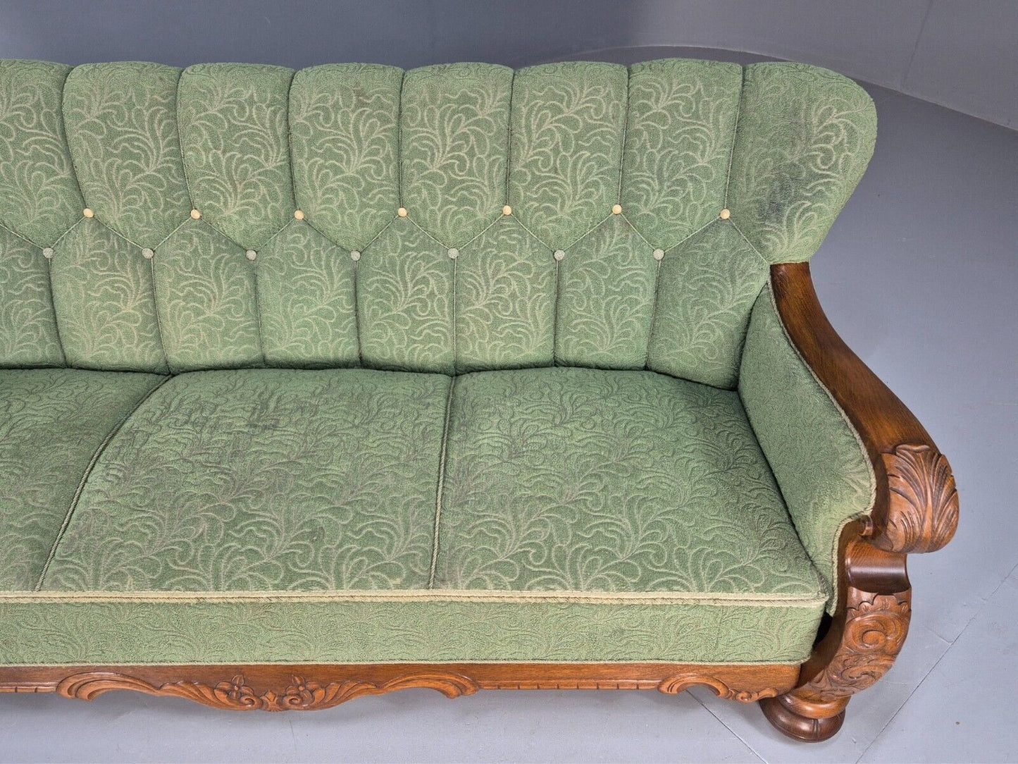 Vintage Danish Art Deco Sofa Oak Frame Green Moquette 1940s Antique EB8953 V3SS - UKDK FURNITURE