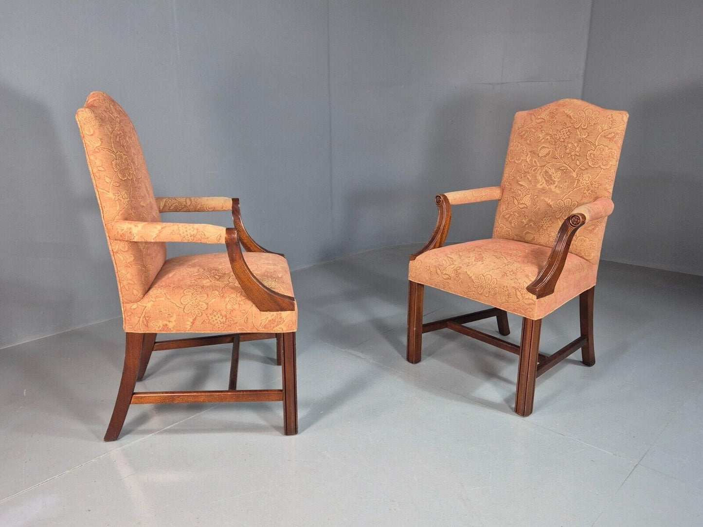 2 Vintage Lounge Chair Peach Floral Cotton Georgian Style 1980 Repro EB8215 VCLO - UKDK FURNITURE