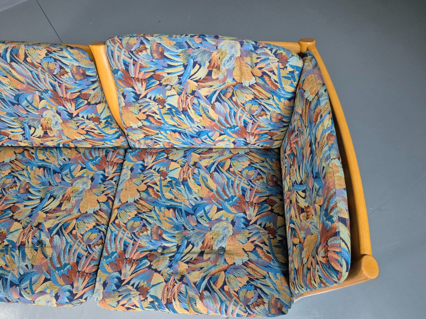 3 Seat Sofa Vintage Danish Blue Floral Beech Frame 1980s Retro EB7279 M3SS14