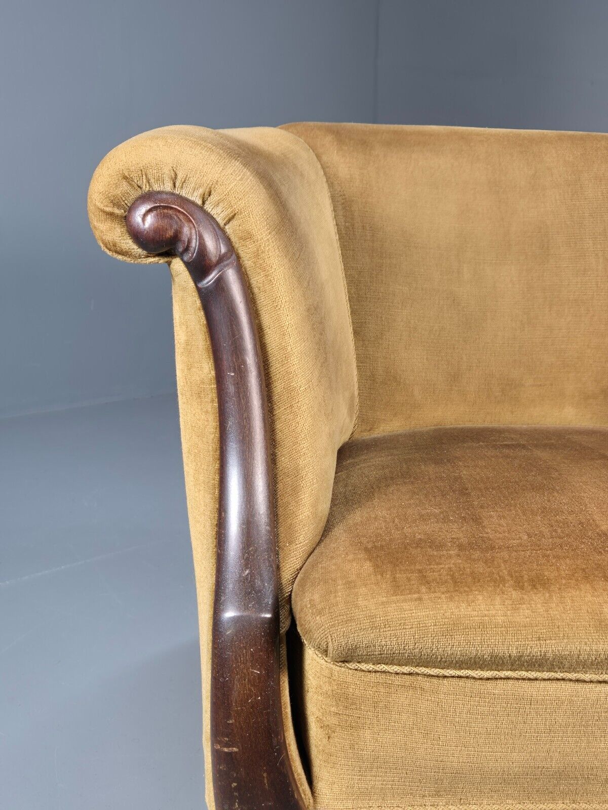 Vintage Danish Deco Era Tub Chair Gold Velour Mahogany 1930s EB9051 VCLO - UKDK FURNITURE