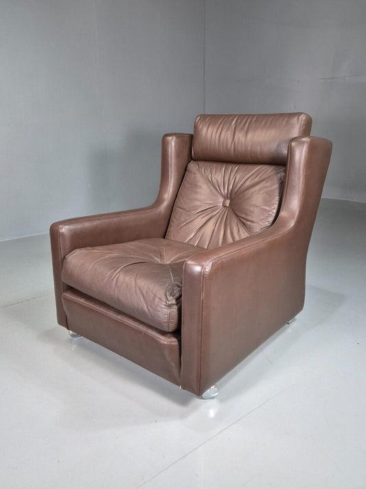 Vintage Danish Wingback Lounge Chair Brown Leather 1970s Retro MCM EB7589 MNOR - UKDK FURNITURE