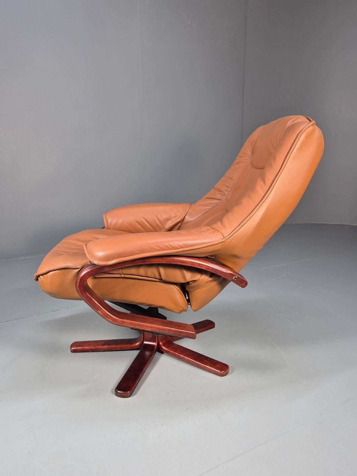 Vintage Tan Leather & Vinyl Swivel & Reclining Chair Danish Retro EB9265 MSWI - UKDK FURNITURE