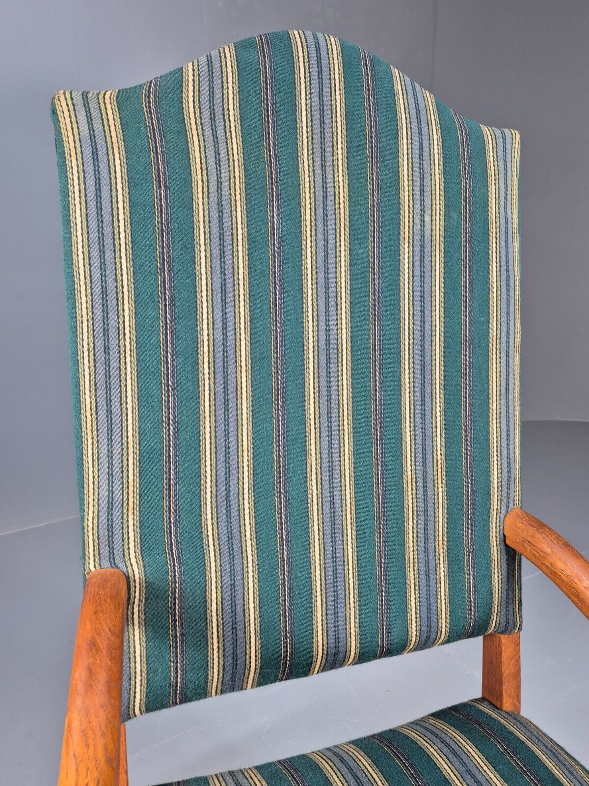 A Vintage Danish Baroque Style Armchair Green Wool Stripe Oak Frame EB9002 VCLO - UKDK FURNITURE