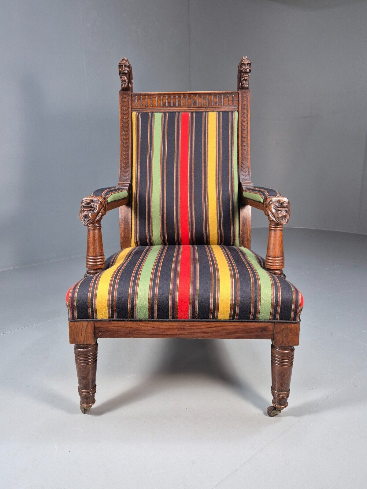 Vintage Danish Lounge Chair Multicoloured Carved Oak Figures Antique EB8951 VCLO - UKDK FURNITURE