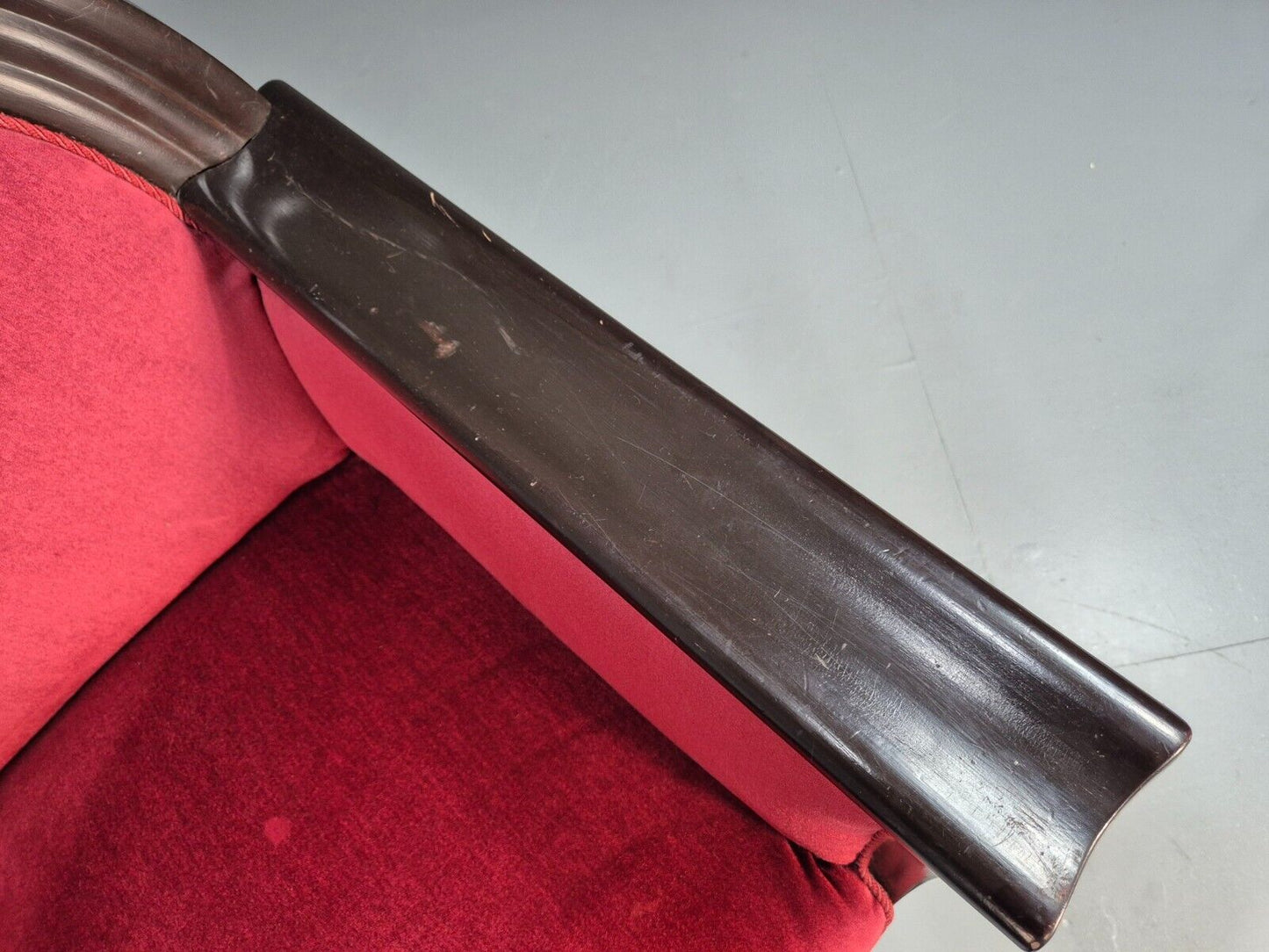 2 Vintage Danish Lounge Chairs Red Velour Mahogany Gondola Style EB8997 VCLO - UKDK FURNITURE