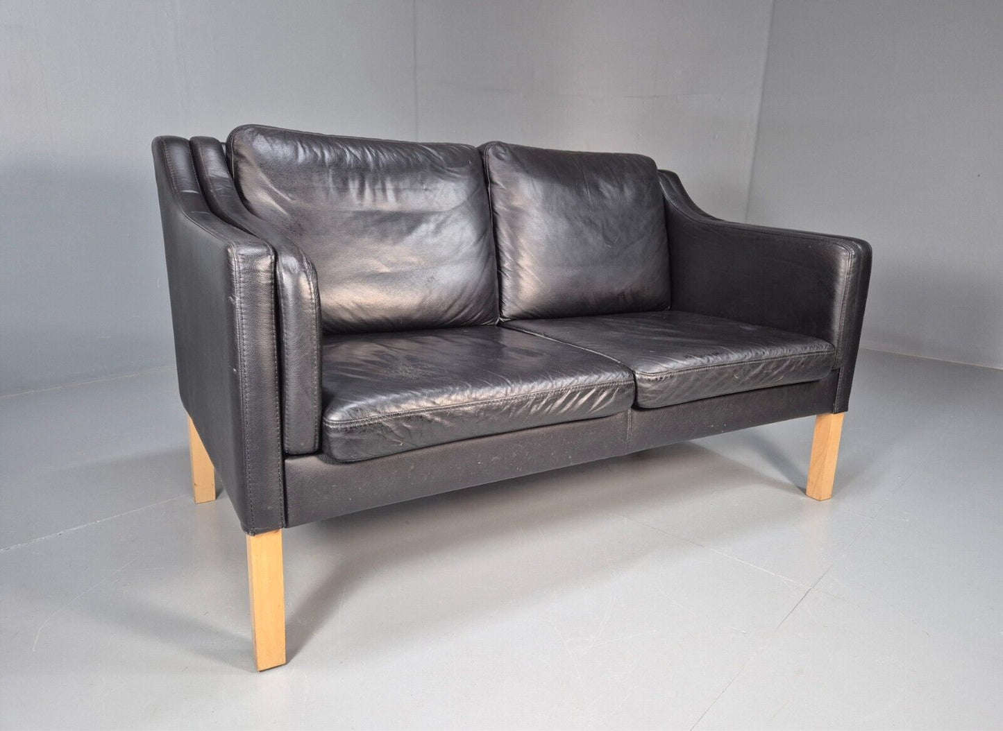 Vintage Danish 2 Seat Sofa Black Leather Mogensen Style Retro MCM EB8615 M2SS - UKDK FURNITURE