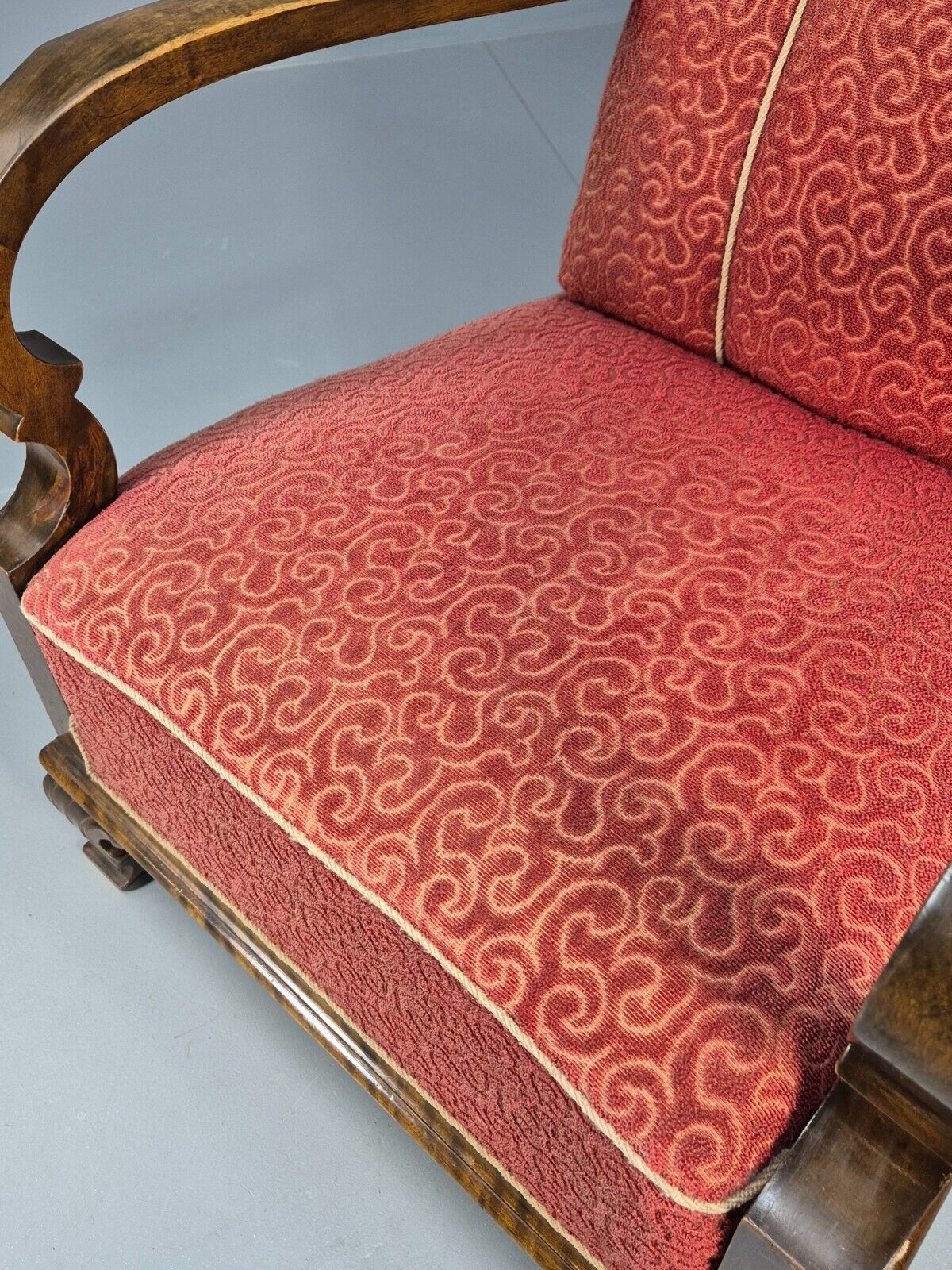 Vintage Danish Lounge Chair Red Moquette Beech Frame 1920s Antique EB8939 VCLO - UKDK FURNITURE
