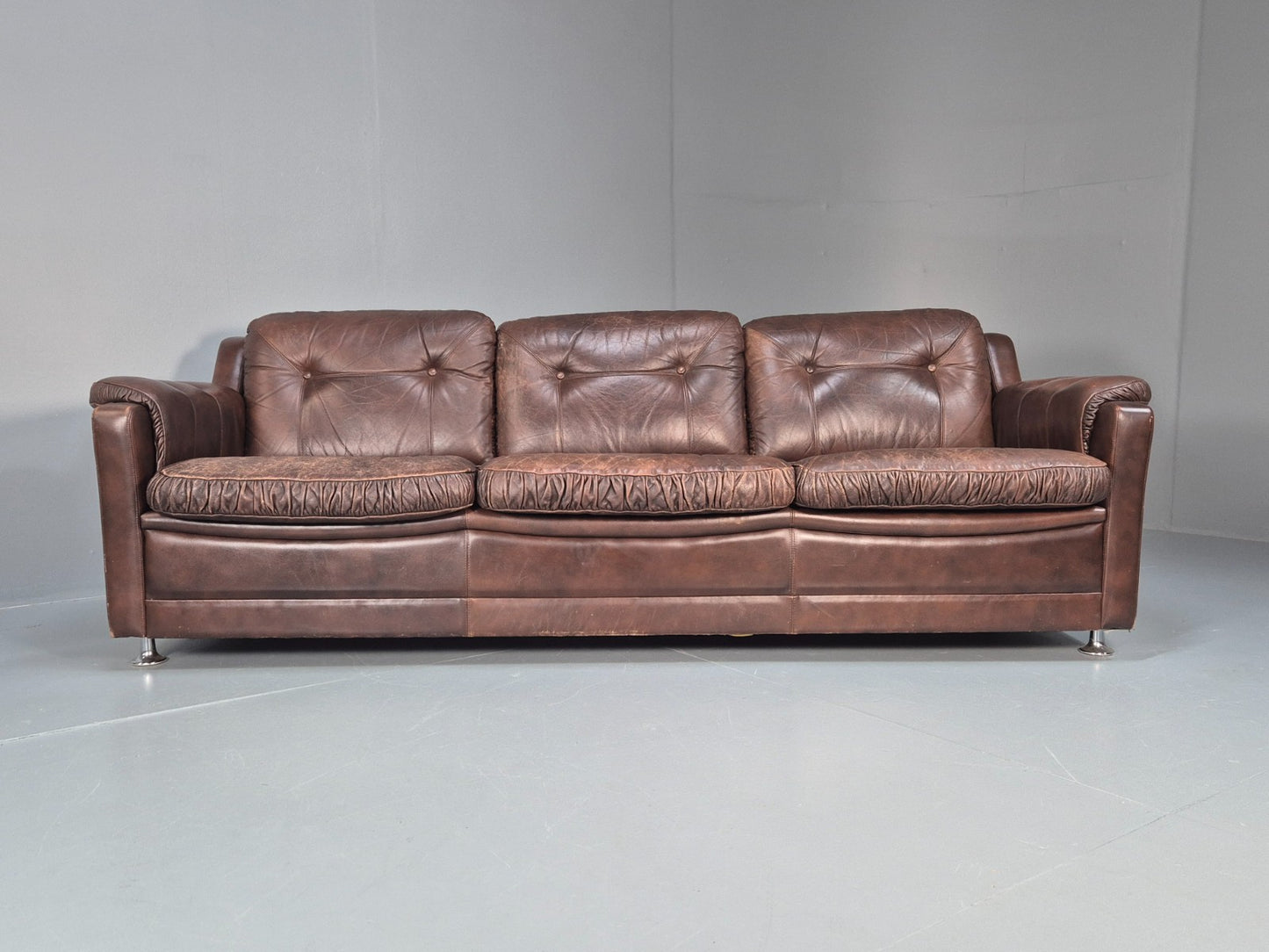 1970s Three Seat Retro Sofa Danish Brown Leather Vintage EB10687 V3SS5