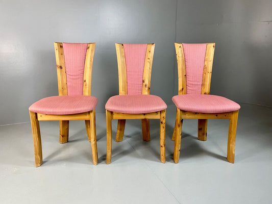 3 Danish 1980s Pine & Pink Fabric Dining Chairs Retro Post Modern EB4798 MDIN - UKDK FURNITURE