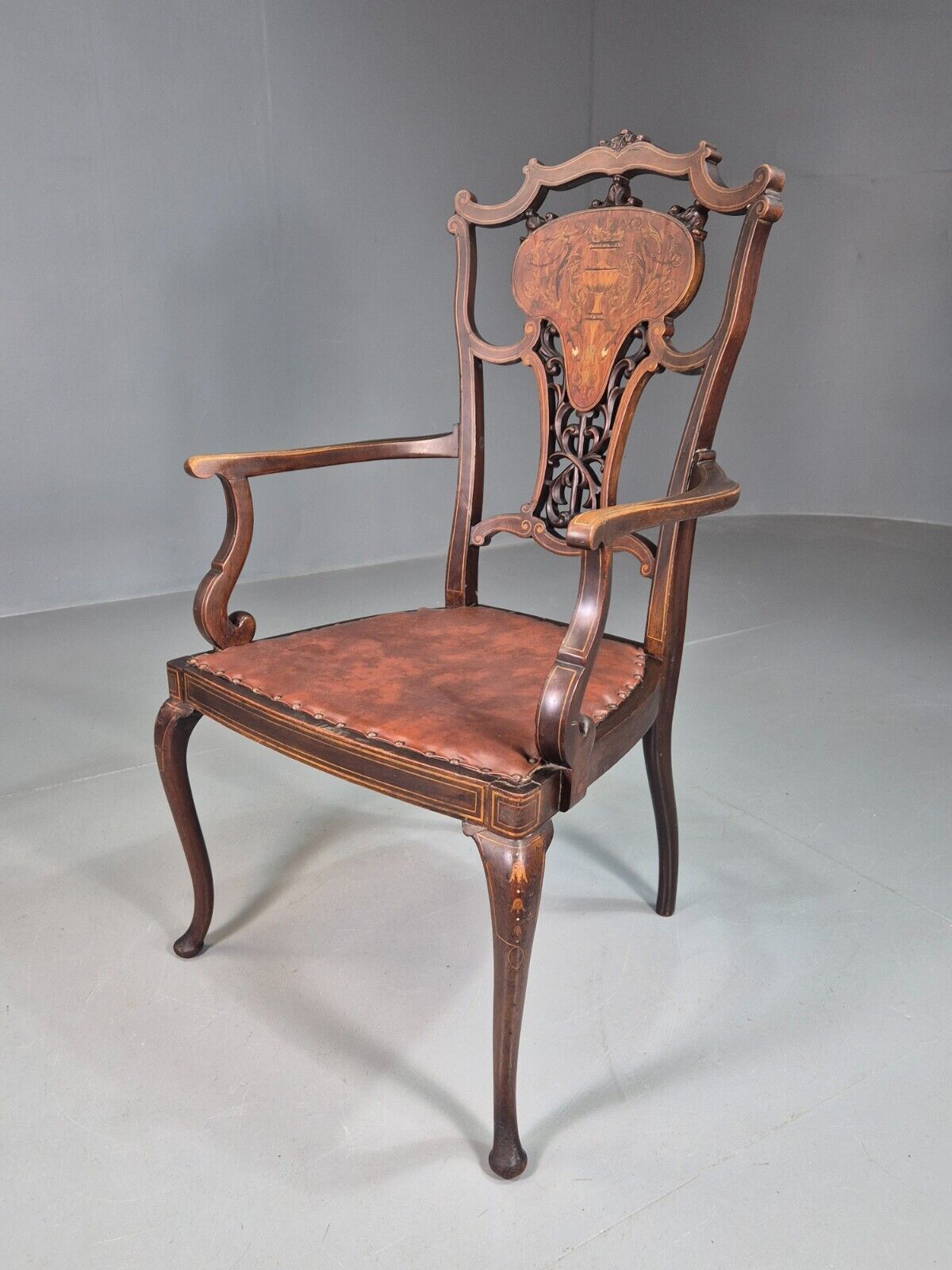 Vintage Elbow Carver Chair Vinyl Mahogany Inlay Antique EB7798 VCAR - UKDK FURNITURE